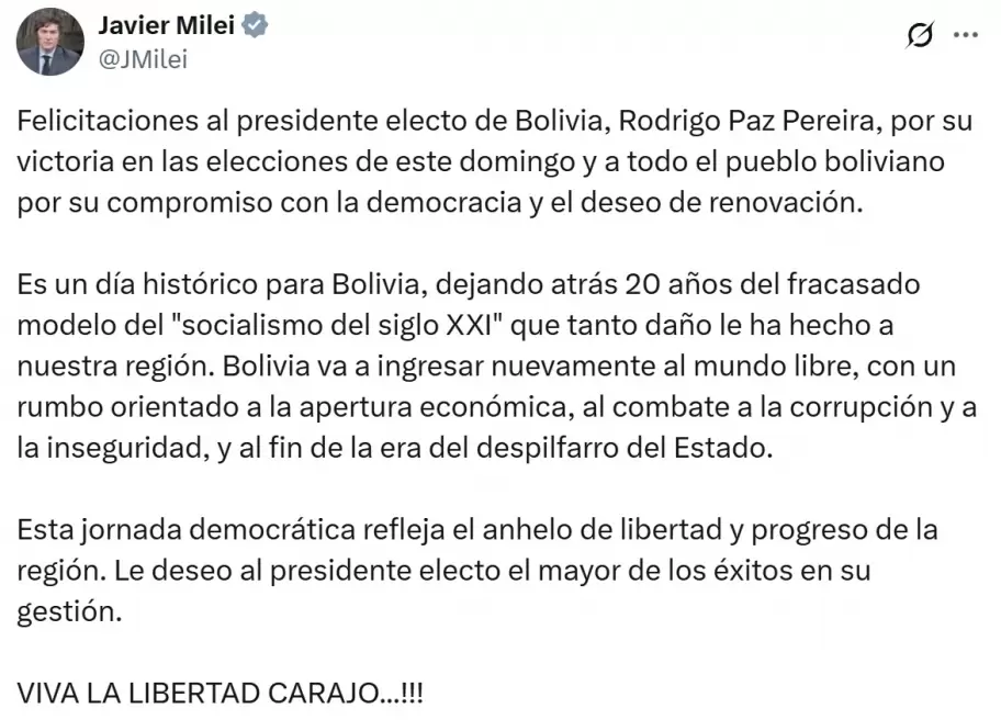El tuit de felicitacin al presidente electo de Bolivia, Rodrigo Paz Pereira, por parte de su par argentino Javier Milei.