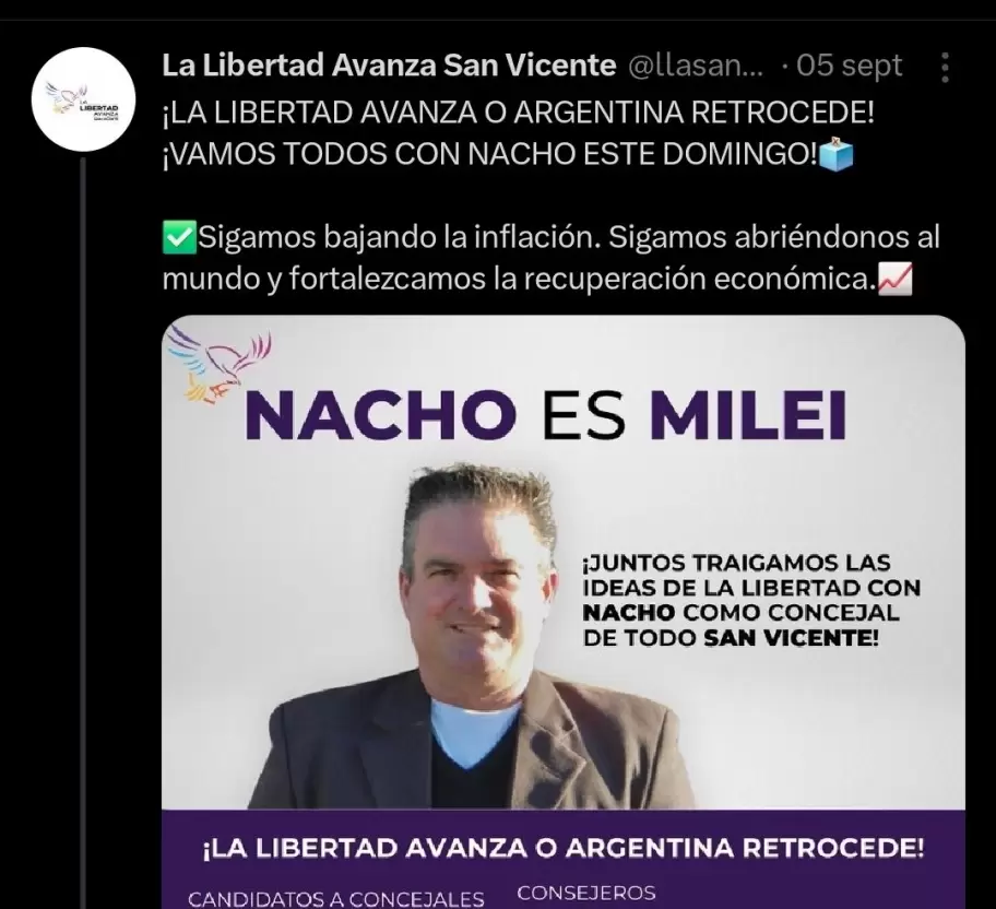 Una publicación de la cuenta oficial de La Libertad Avanza de San Vicente promocionando a "Nacho" Contreras como candidato a concejal.