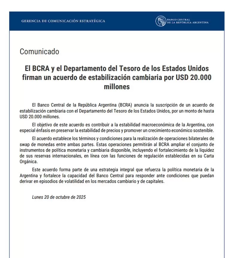 El Banco Central formaliz el swap de US$20.000 millones con el Tesoro de los Estados Unidos