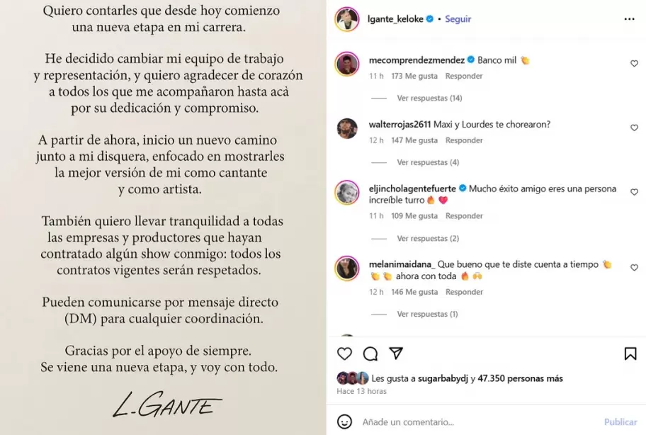 El contundente posteo de L-Gante