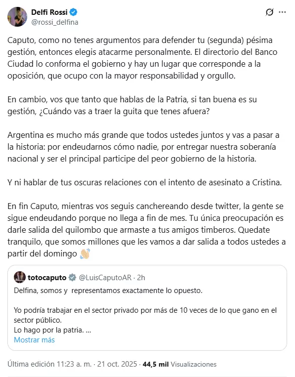 La contundente respuesta de Delfina Rossi a Luis Caputo