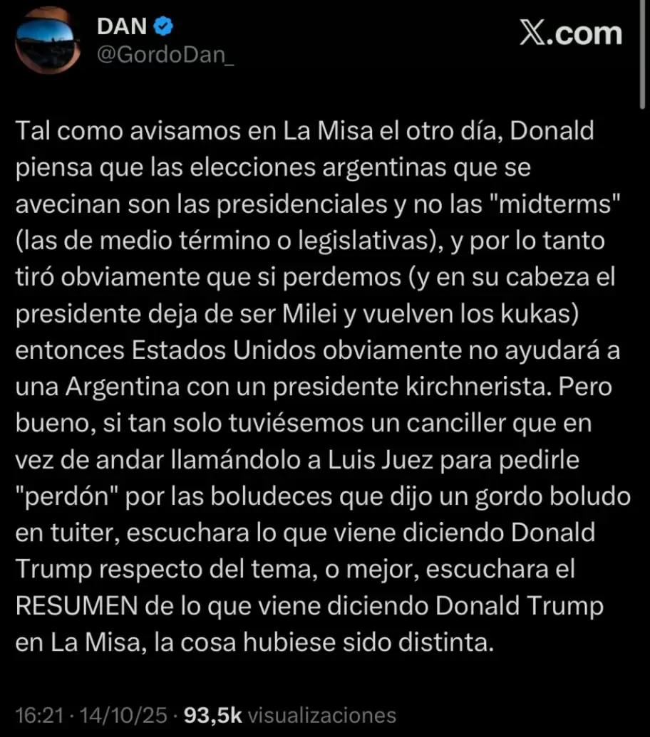 El tweet del Gordo Dan donde hundió la gestión de Whertein