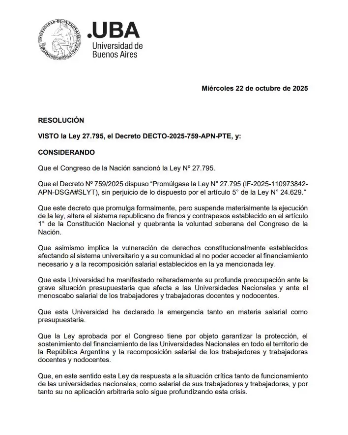 La UBA lleva al Gobierno a la Justicia para exigir la aplicación de la Ley de Financiamiento Universitario