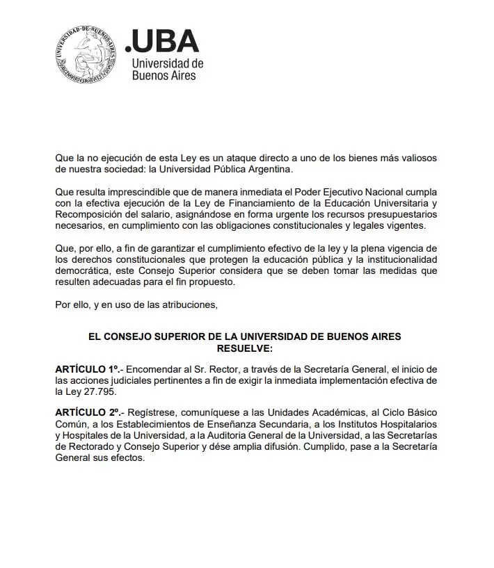 La UBA lleva al Gobierno a la Justicia para exigir la aplicación de la Ley de Financiamiento Universitario