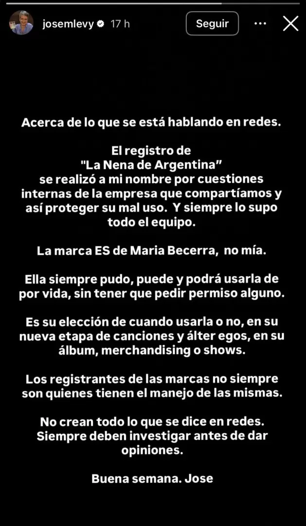 José Levy, ex representante de María Becerra, desmintió la última información sobre la marca "La Nena de Argentina"