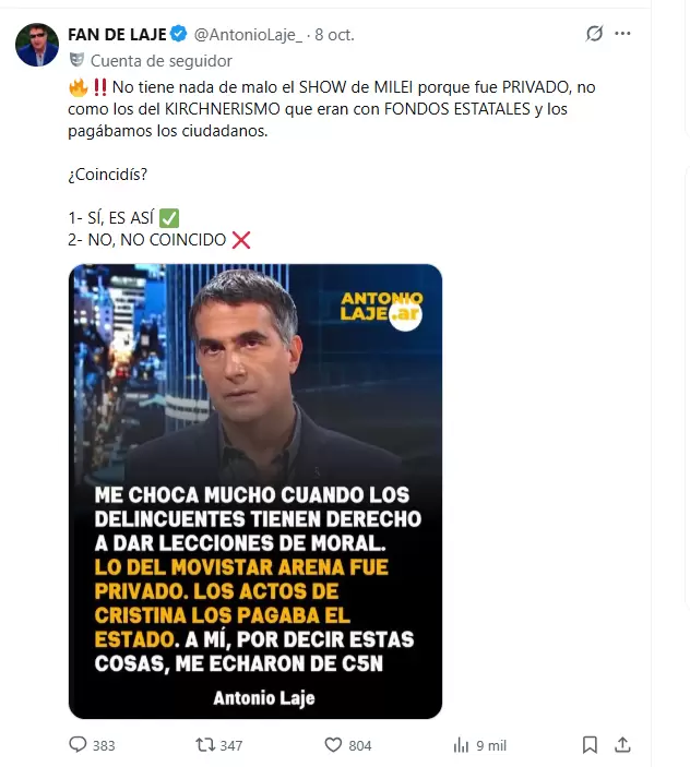 Algunos de los tuits de la cuenta fake de Antonio Laje