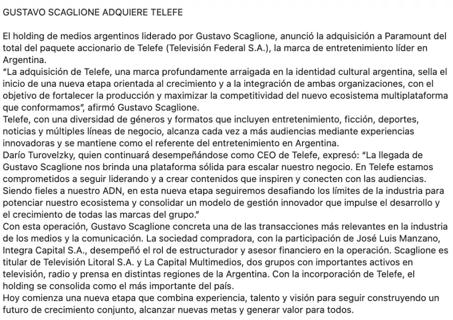 El comunicado con el que Telefe anunció que el holding de Gustavo Scaglione adquirió el canal
