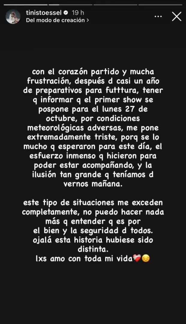 Tini Stoessel suspendió su show del 24 de octubre y se hará el próximo lunes