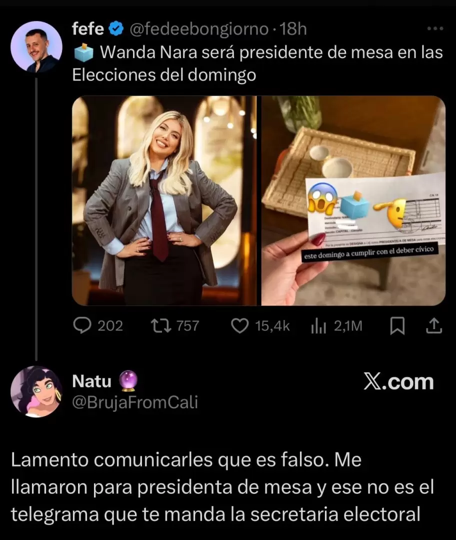 Usuaria de X desmiente a Wanda Nara