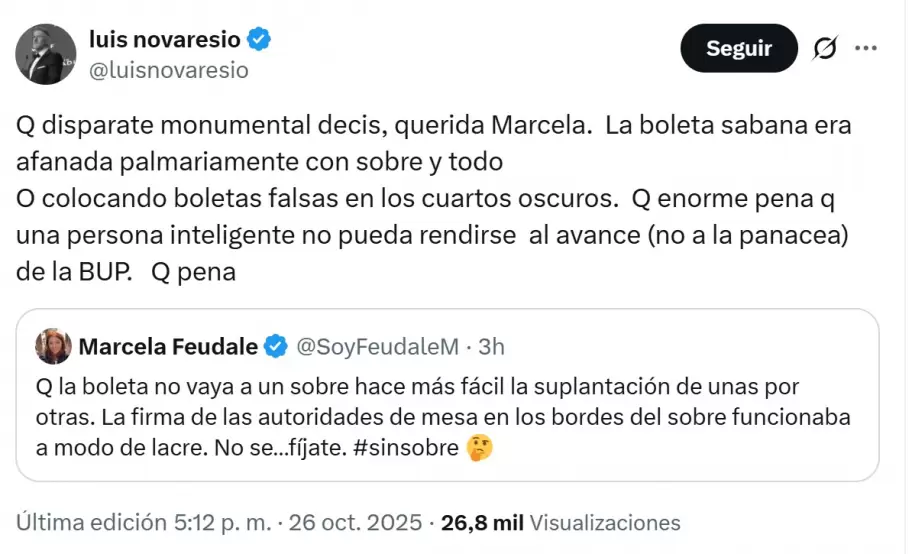 El cruce de Luis Novaresio a Marcela Feudale por su críticas a la Boleta Única de Papel (BUP).