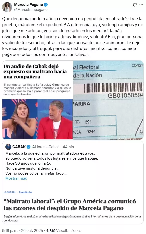 Marcela Pagano le tir la denuncia de Sofa "Jujuy" Jimnez a Horacio Cabak por las crticas en su contra