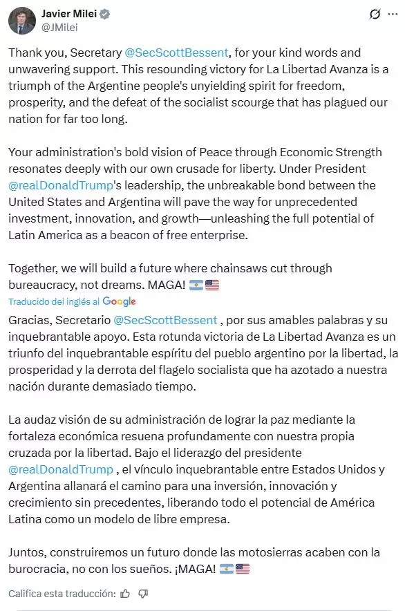 Milei agradeció a Scott Bessent