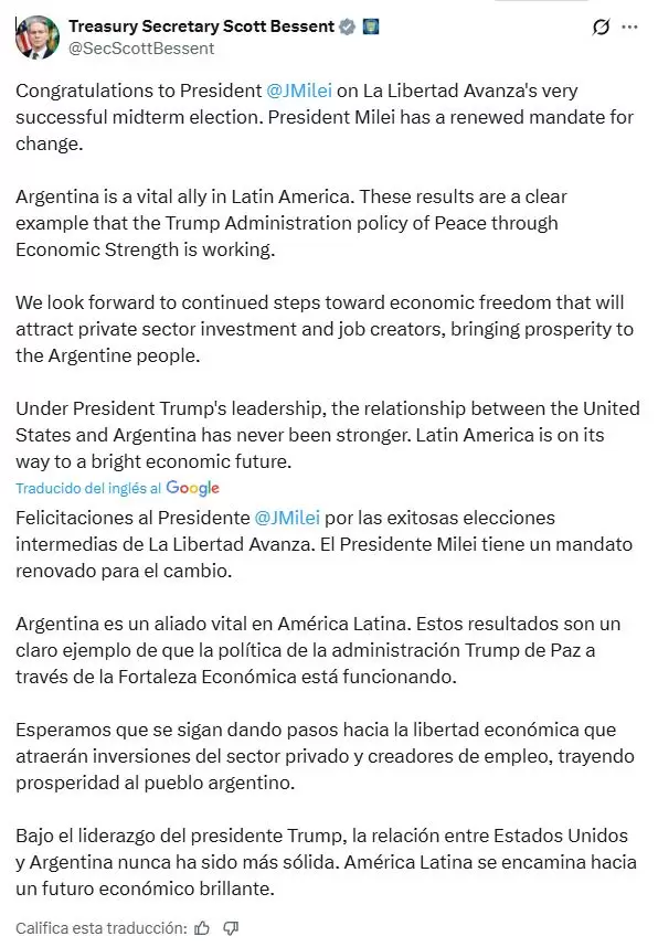 Scott Bessent felicitó a Milei tras la elección
