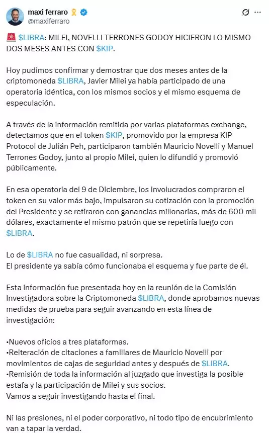 Ferraro denunció un ensayo previo a la estafa de $LIBRA