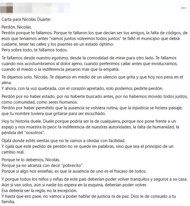 La carta de Alejandra, la amiga de la víctima