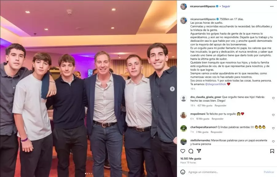 Posteo de Nicanor Santilli Pazos tras el triunfo de su padre, Diego Santilli