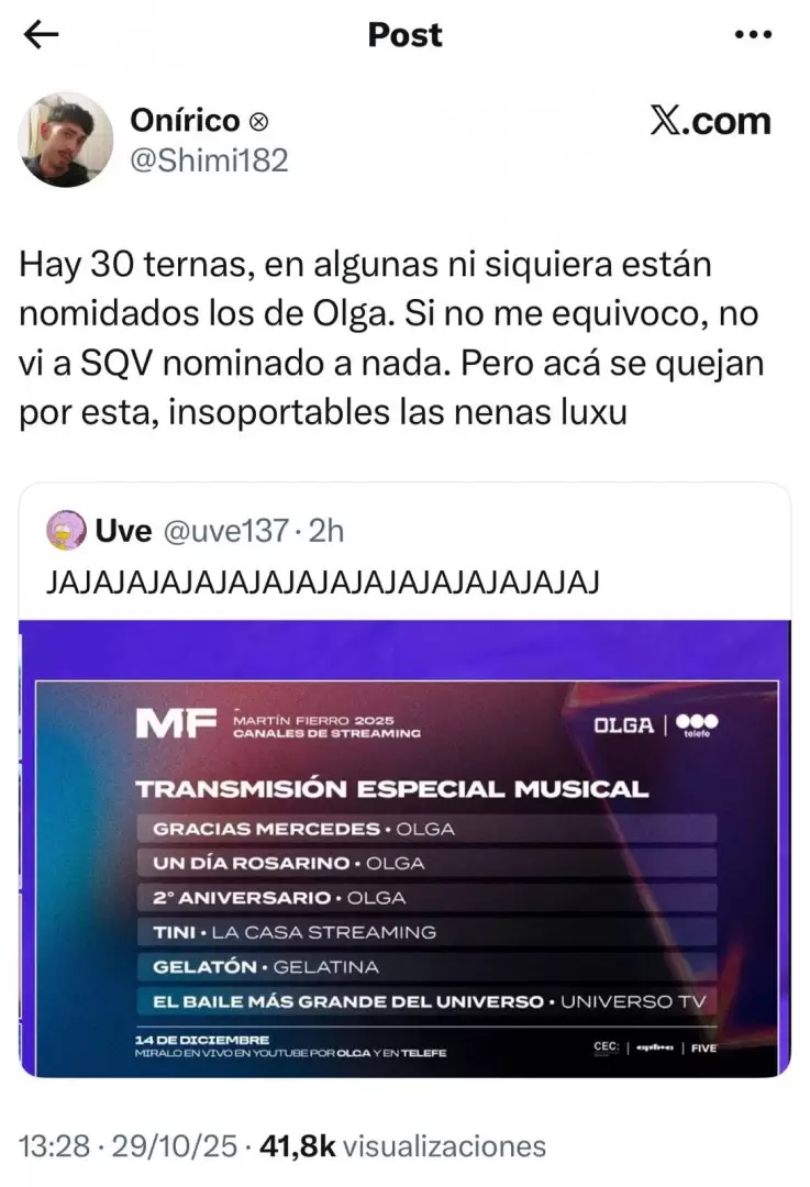 Olga también tiene seguidores que defienden el canal