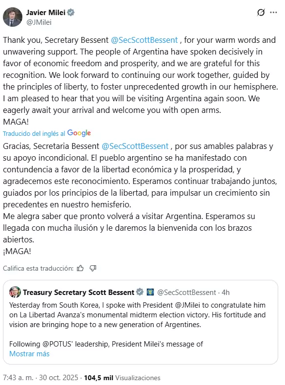 Javier Milei agradeci los elogios del Secretario del Tesoro