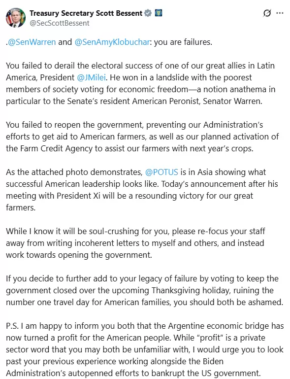 Bessent se cruz con dos senadoras estadounidenses