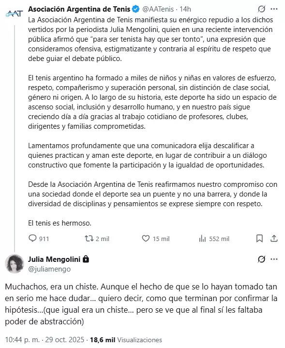 La Asociación Argentina de Tenis le respondió con un comunicado formal.