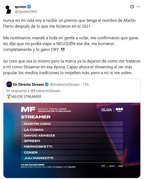 Spreen volvió a cruzarse con los Martín Fierro