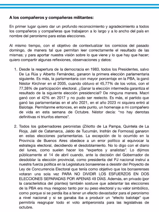 Cristina le escribió a la militancia una carta desde su prisión domiciliaria