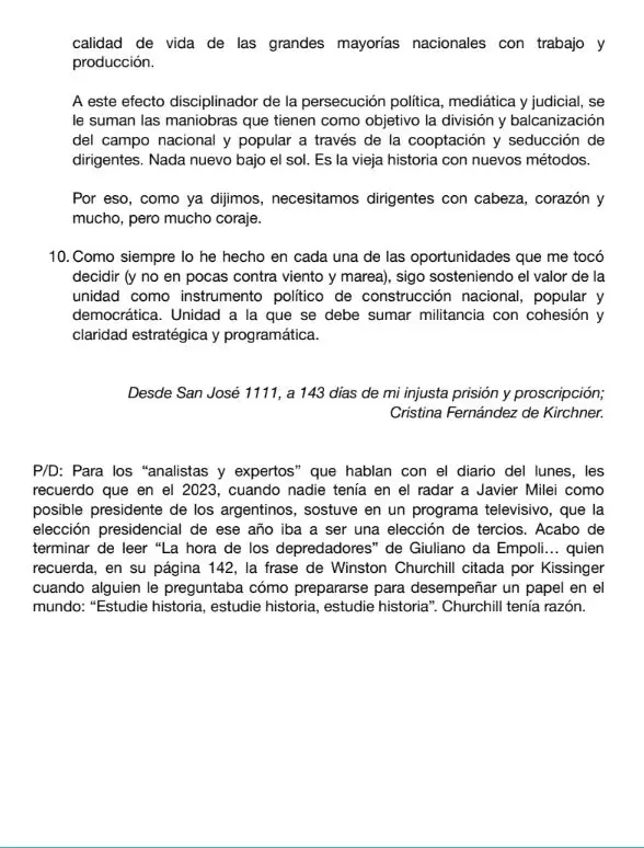Cristina le escribió a la militancia una carta desde su prisión domiciliaria