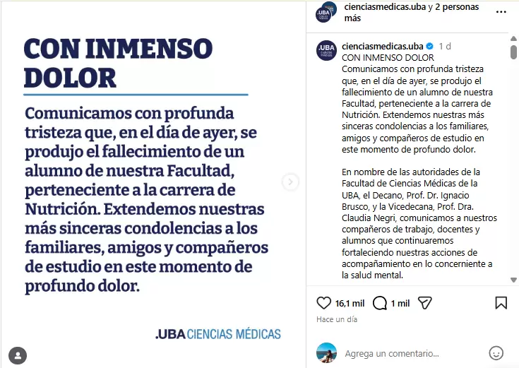 Comunicado firmado por las autoridades de la Facultad de Medicina tras la muerte de un estudiante