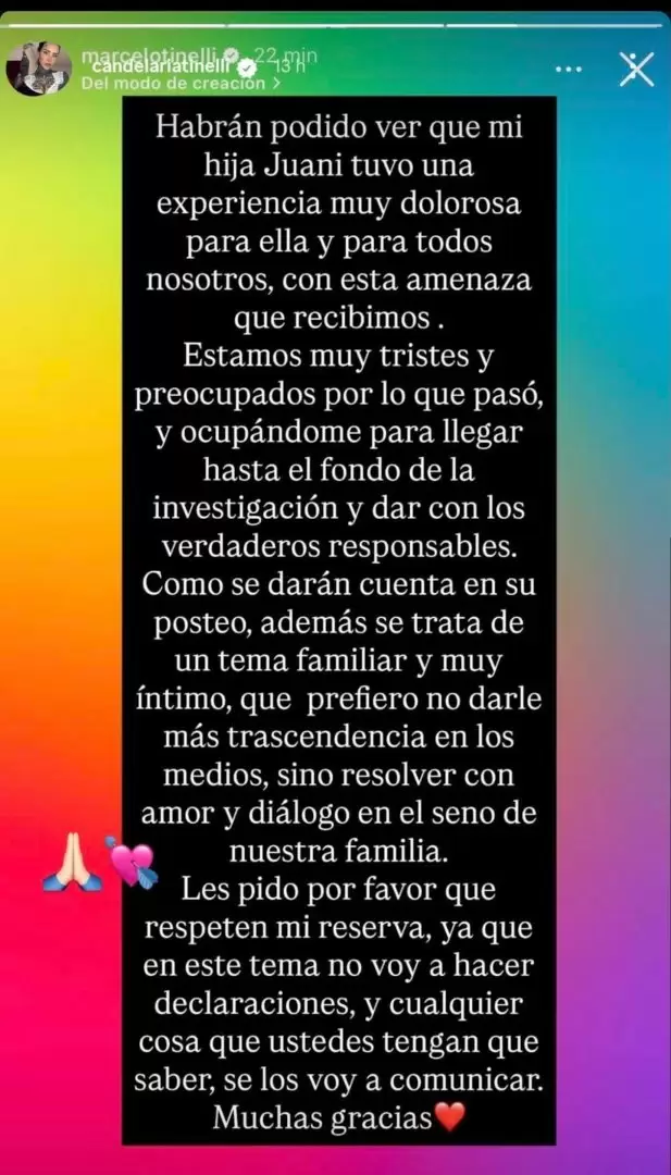 La historia que publicó Marcelo Tinelli para solidarizarse con las amenazas contra su hija Juanita.