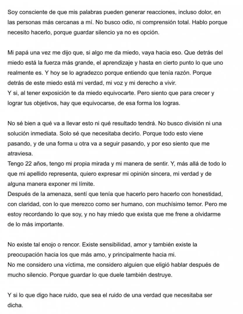 La segunda parte del comunicado de Juanita Tinelli.