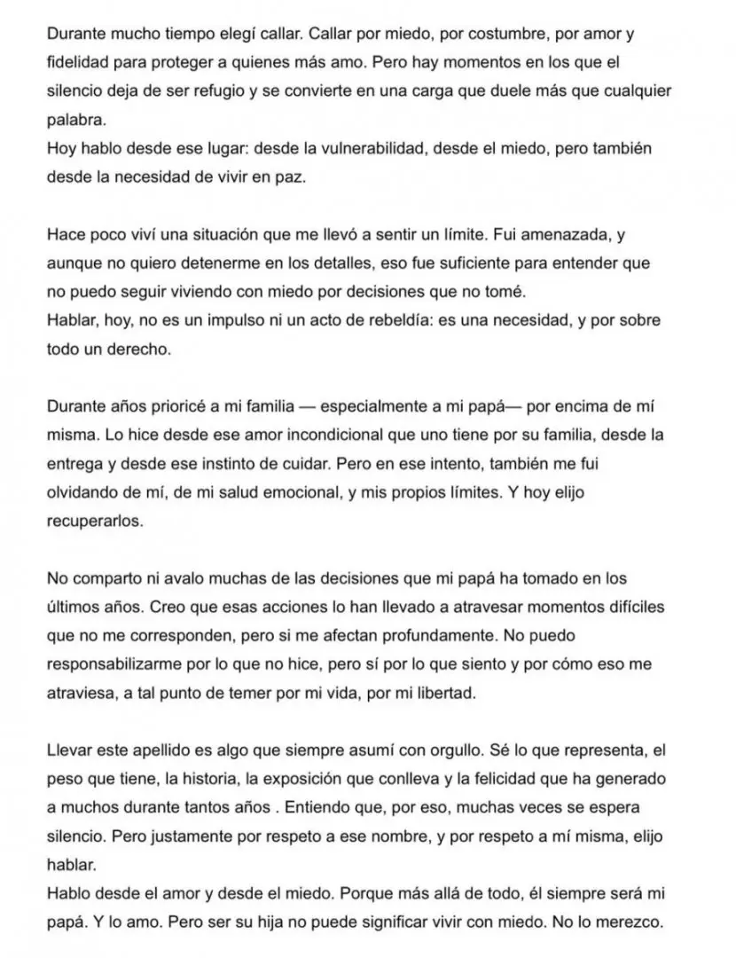 La primera parte del comunicado de Juanita Tinelli.