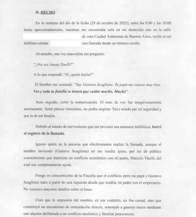 Juana Tinelli denunció haber recibido una llamada intimidatoria de un hombre que se presentó como Gustavo Scaglione