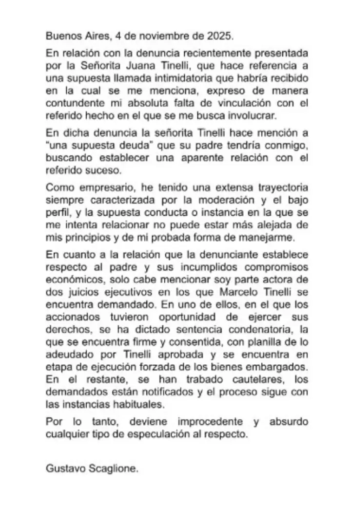 El comunicado de Gustavo Scaglione