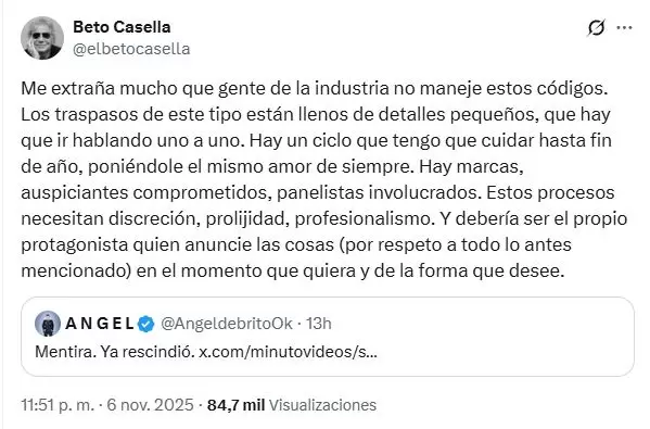 El enojo de Beto Casella con Ángel de Brito