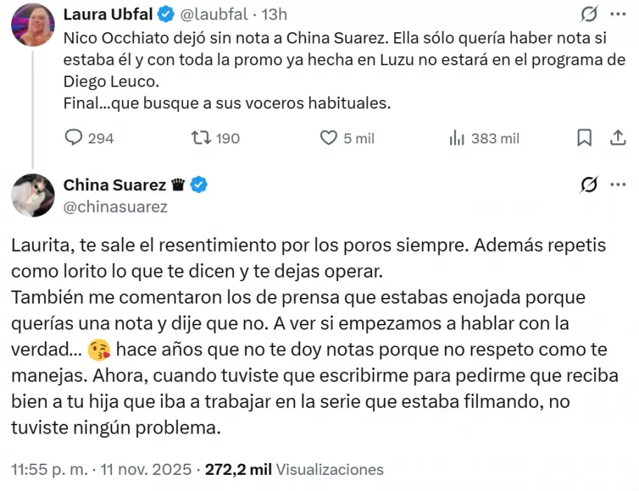 La respuesta de "La China" Surez a Laura Ubfal tras que la rechacen en Luzu TV.