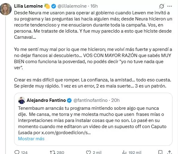 Lilia Lemoine apuntó contra Fantino