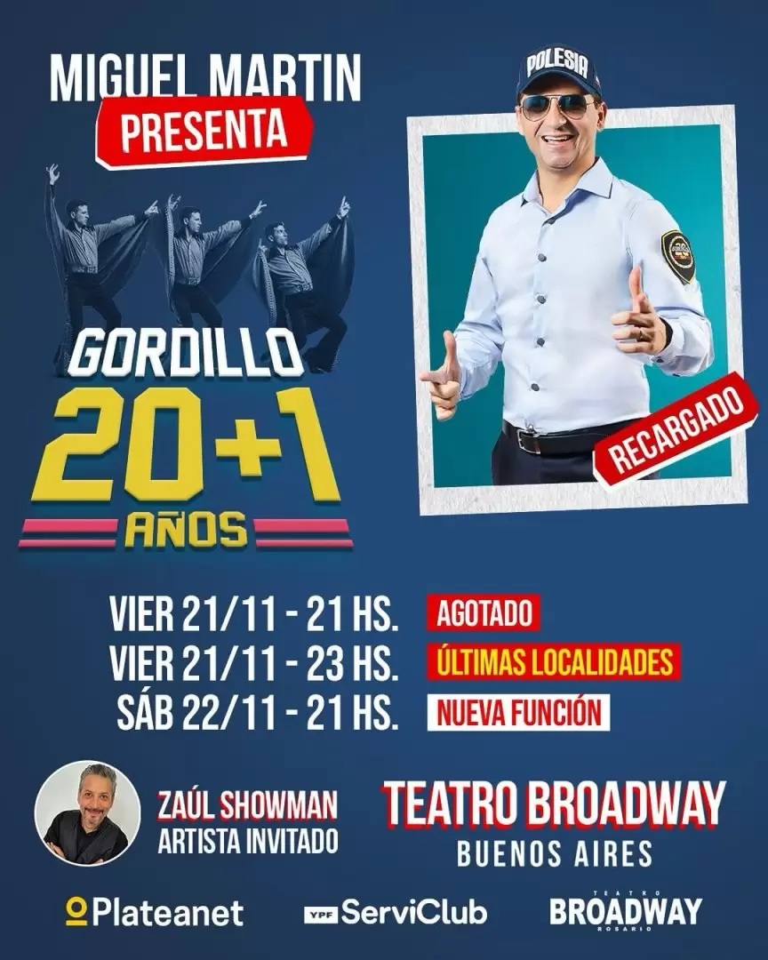 Se presentará en la calle Corrientes con su espectáculo "Gordillo 20 años + 1