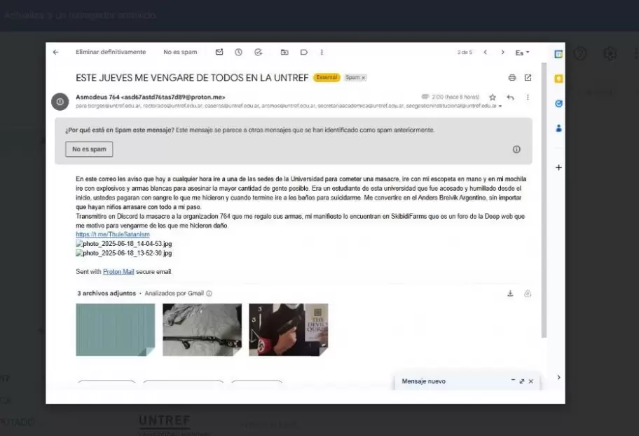 El mail completo del agresor