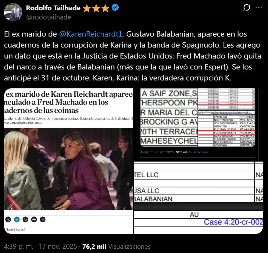 Rodolfo Tailhade mostró parte de las acusaciones en contra de Gustavo Marcos Balabanian, el ex esposo de Karen Reichardt.