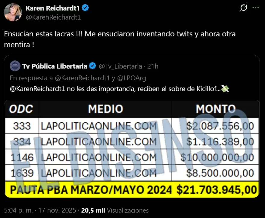 Karen Reichardt cruzó a La Política Online por difundir las vinculaciones de su ex pareja con Fred Machado.