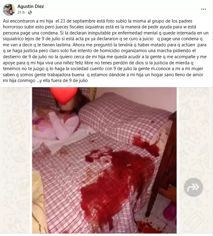 Una de las publicaciones de Agustín Diez en la que se ve cómo quedó su hija luego de que la madre intentara degollarla.