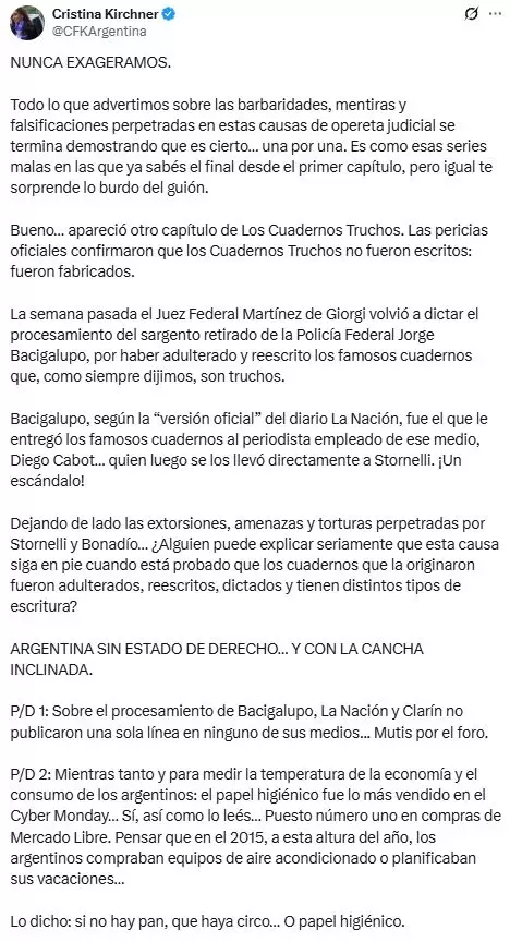 La publicacin de Cristina Kirchner sobre la causa cuadernos