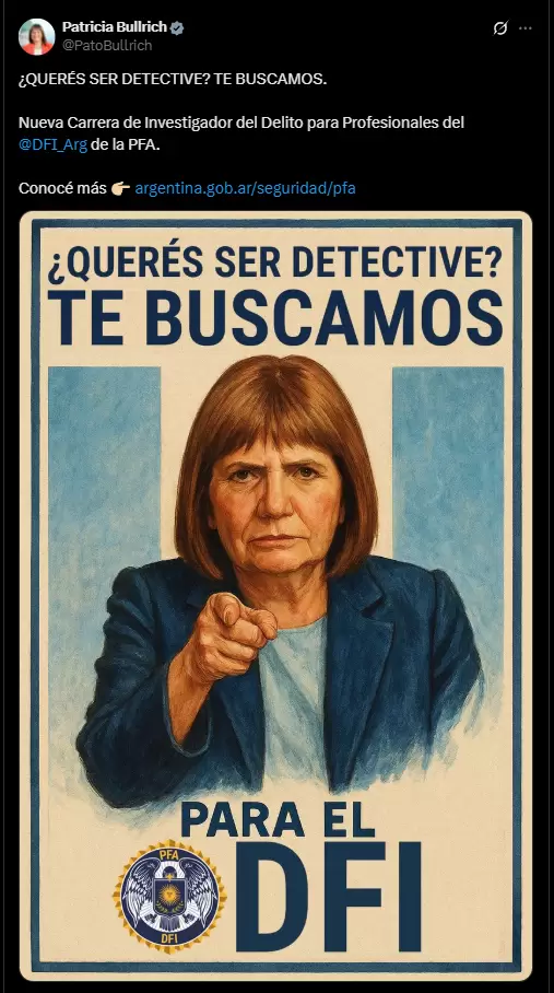 El posteo de Patricia Bullrich, a lo To Sam yanqui, reclutando espas para el DFI.