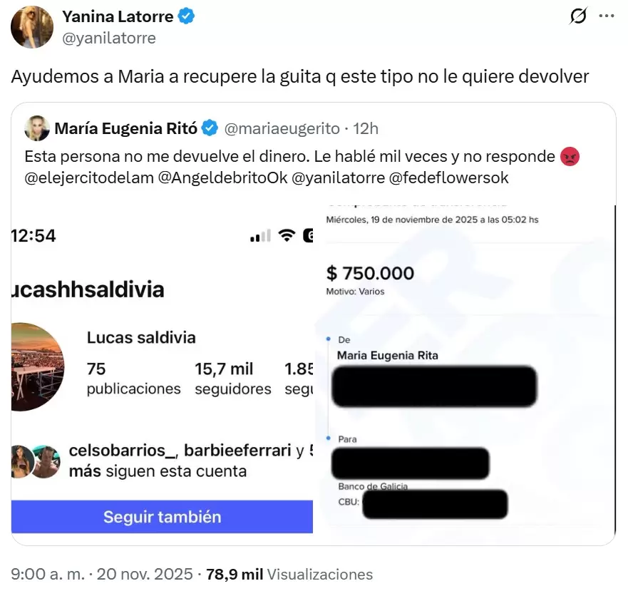 Yanina Latorre se solidarizó con María Eugenia Ritó y reclamó la aparición del hombre que la estafó.