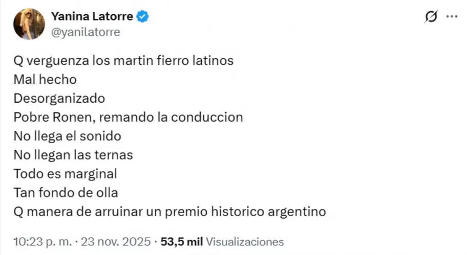 Yanina Latorre fulminó la gala de los Martín Fierro Latinos