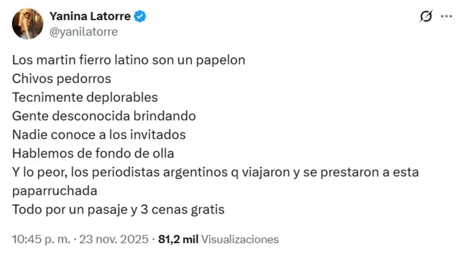 Yanina Latorre fulminó la gala de los Martín Fierro Latinos