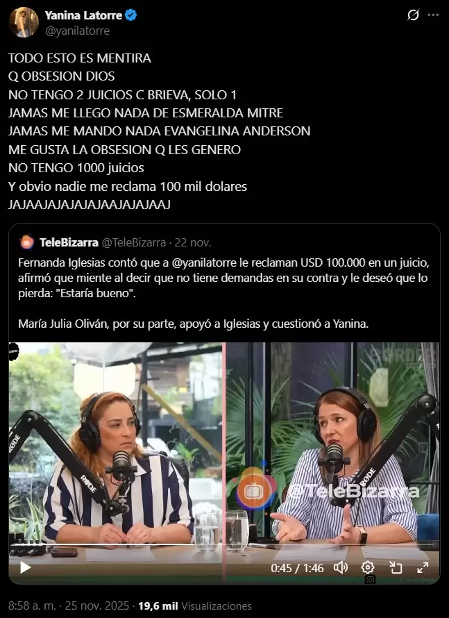 El tuit de Yanina Latorre sobre las acusaciones de Fernanda Iglesias en su contra.