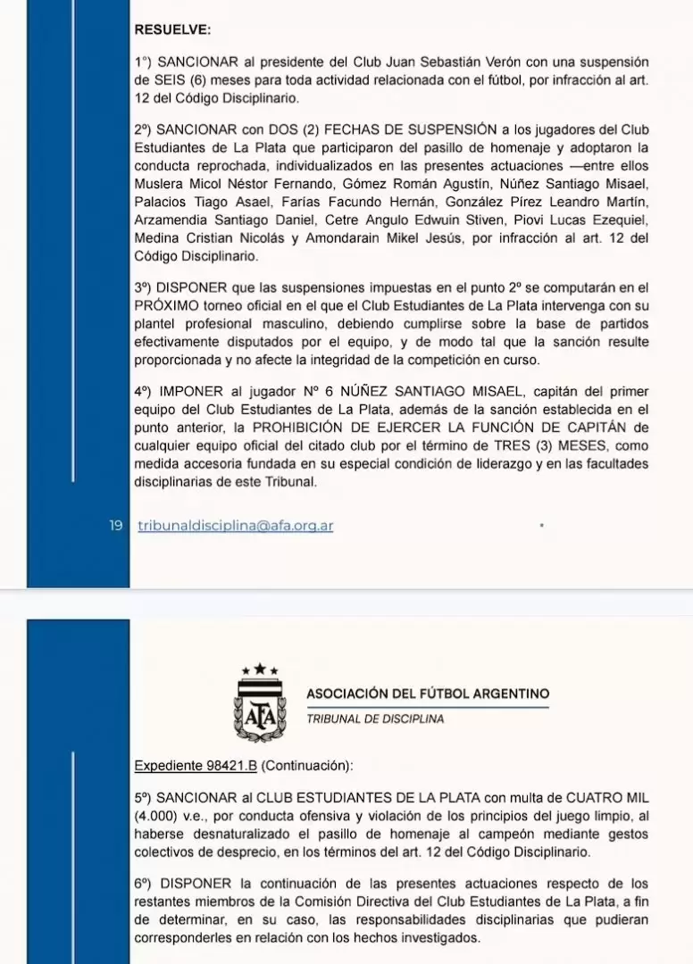 El Tribunal de Disciplina de la AFA sancionó a Estudiantes de la Plata y a Juan Sebastián Verón por no haber hecho el pasillo a Rosario Central.
