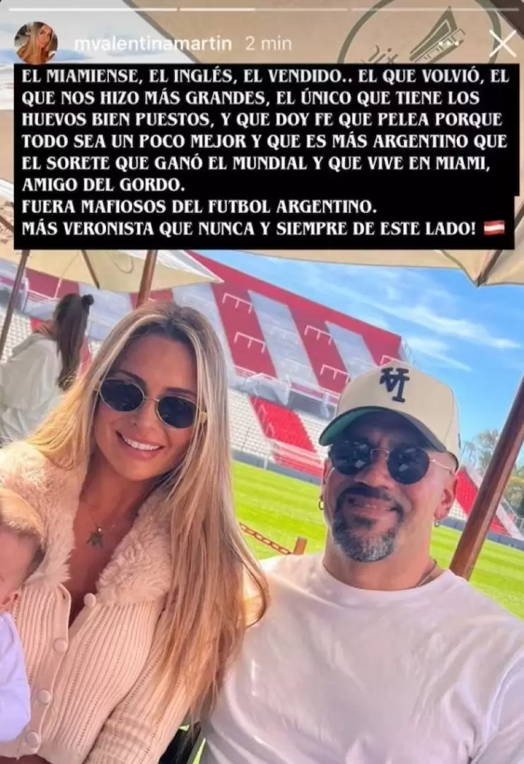 La historia que la pareja de Juan Sebastián Verón, Valentina Martín, publicó y borró en su cuenta de Instagram.