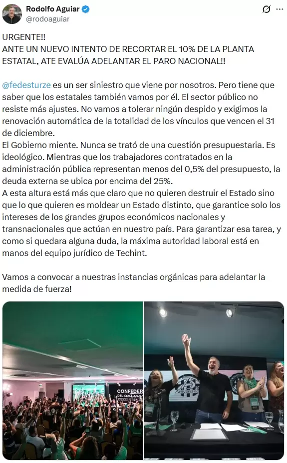 El tuit de Rodolfo Aguiar en el que apunt a Federico Sturzenegger y prometi conflicto por la nueva ola de despidos que planifica el Gobierno.